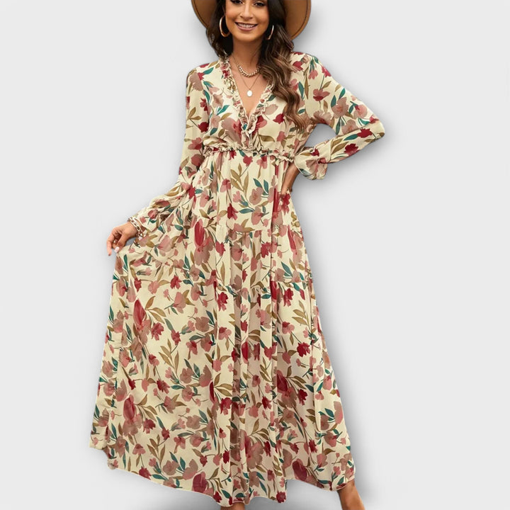 Elle | Blomster V-Hals Maxi Kjole