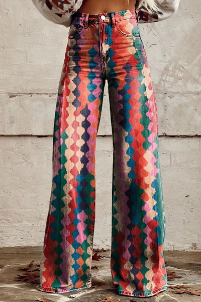 Bonnie | Farverig Mønstret Bredbenet Jeans