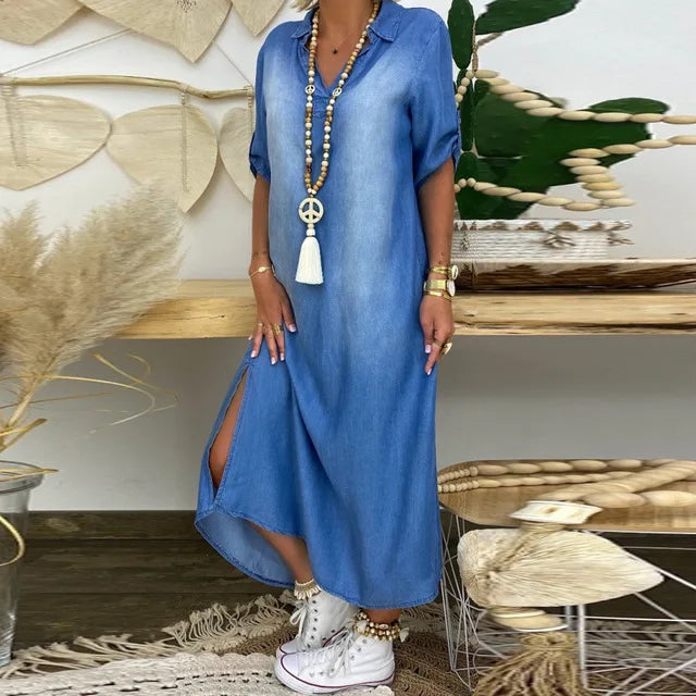 Lea | Lang kjole i jeanslook med sideslids