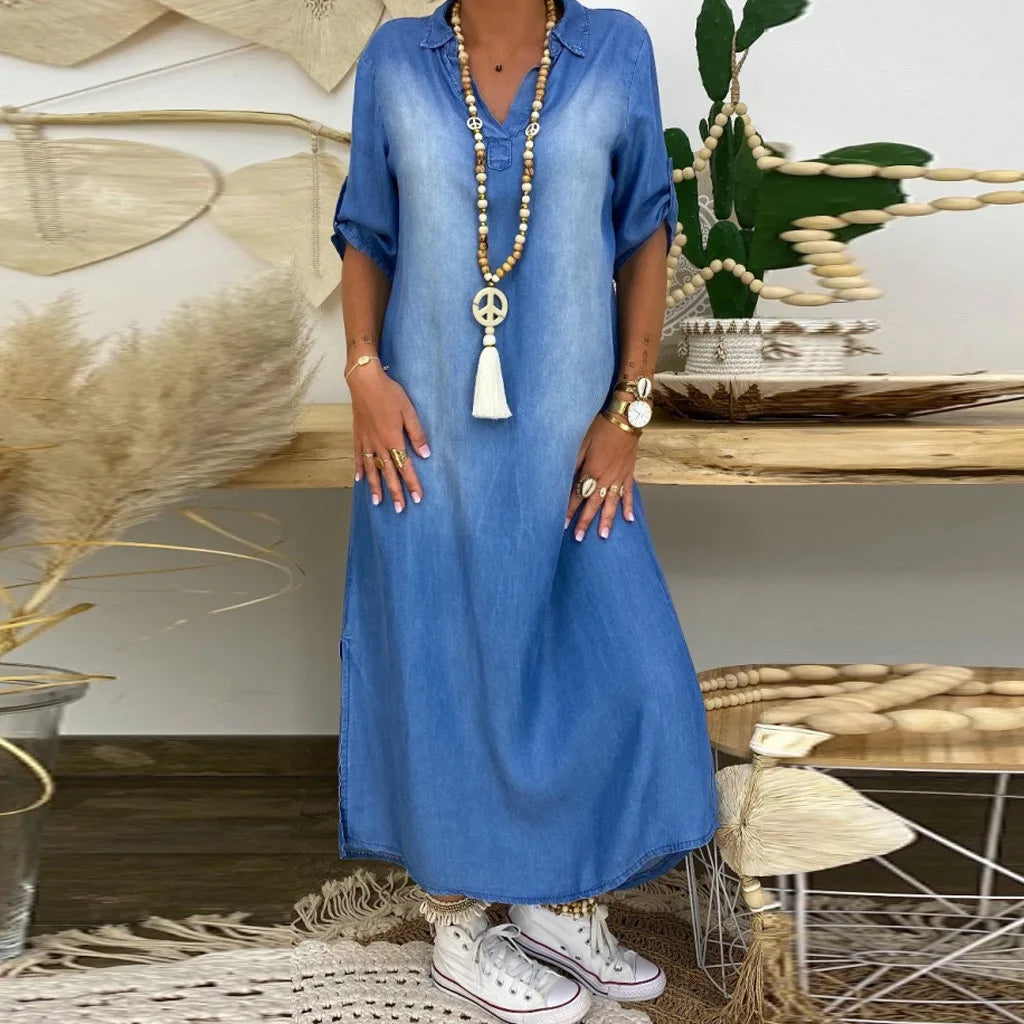 Lea | Lang kjole i jeanslook med sideslids