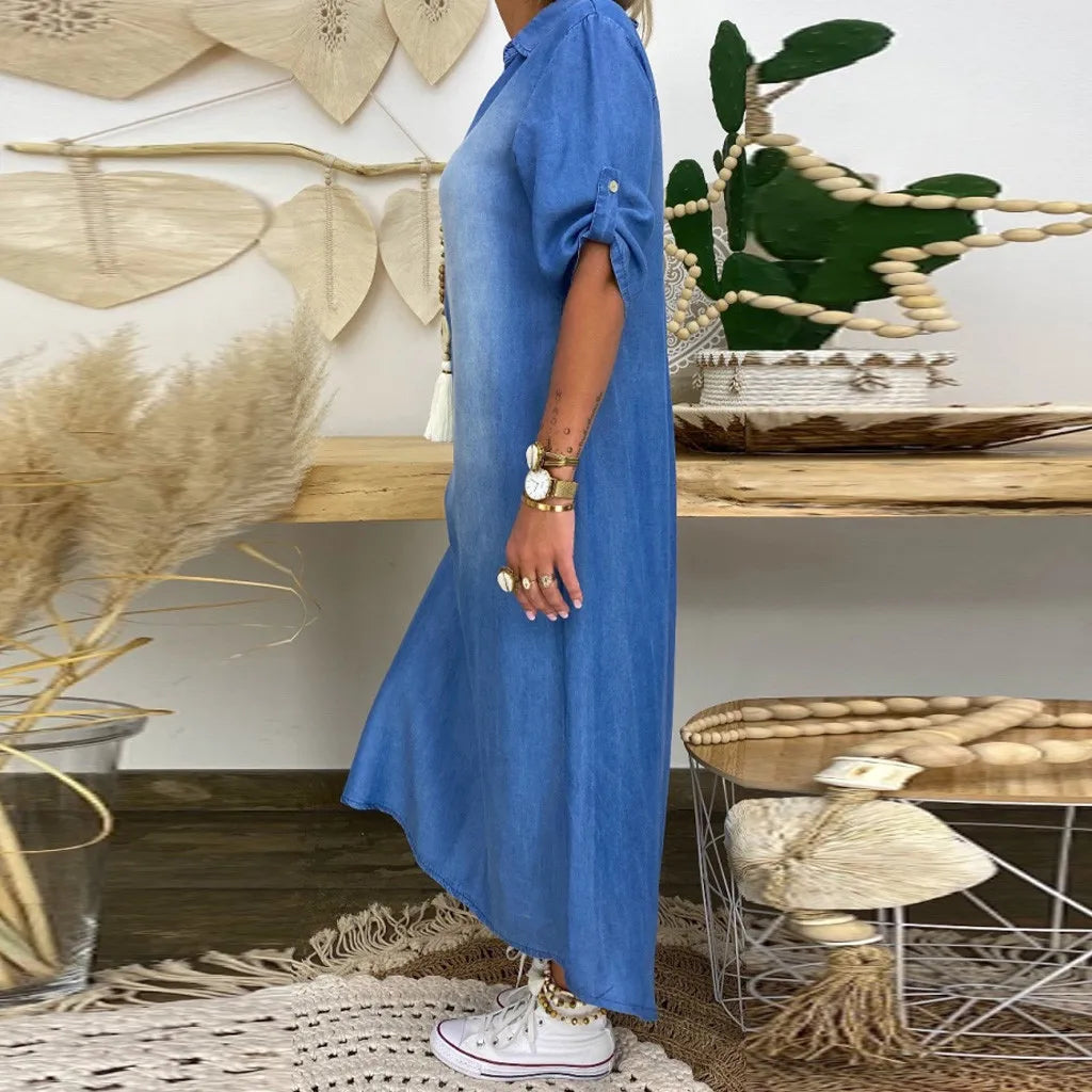 Lea | Lang kjole i jeanslook med sideslids