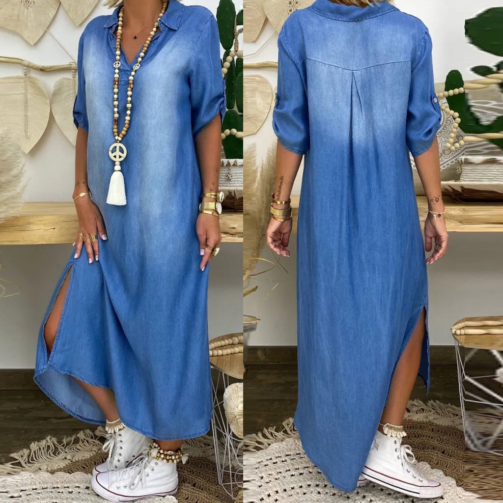 Lea | Lang kjole i jeanslook med sideslids