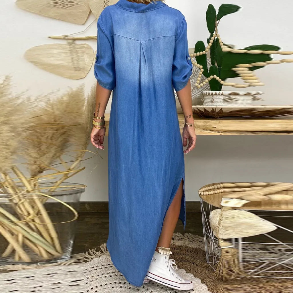 Lea | Lang kjole i jeanslook med sideslids