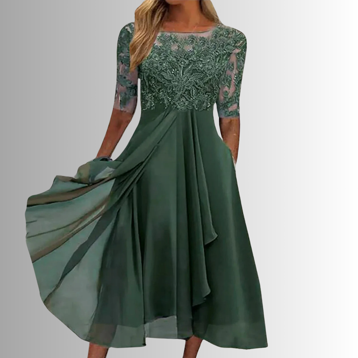 Rhonda | Blondebroderet Chiffon Midi Kjole