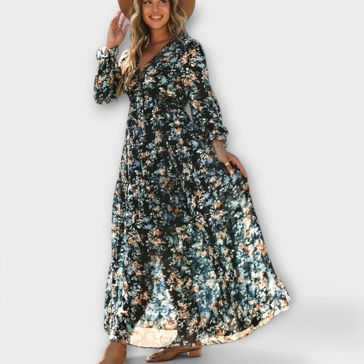 Elle | Blomster V-Hals Maxi Kjole