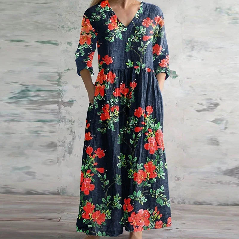 Kirsten | Blomster V-Hals Maxi Kjole
