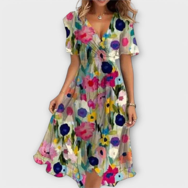 Annegret | Blomster V-Hals Wrap Midi Kjole