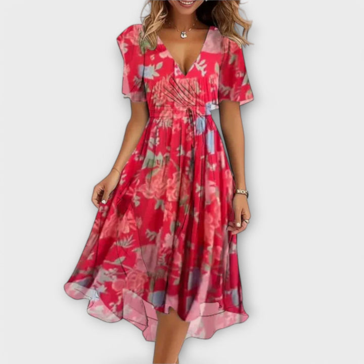 Annegret | Blomster V-Hals Wrap Midi Kjole